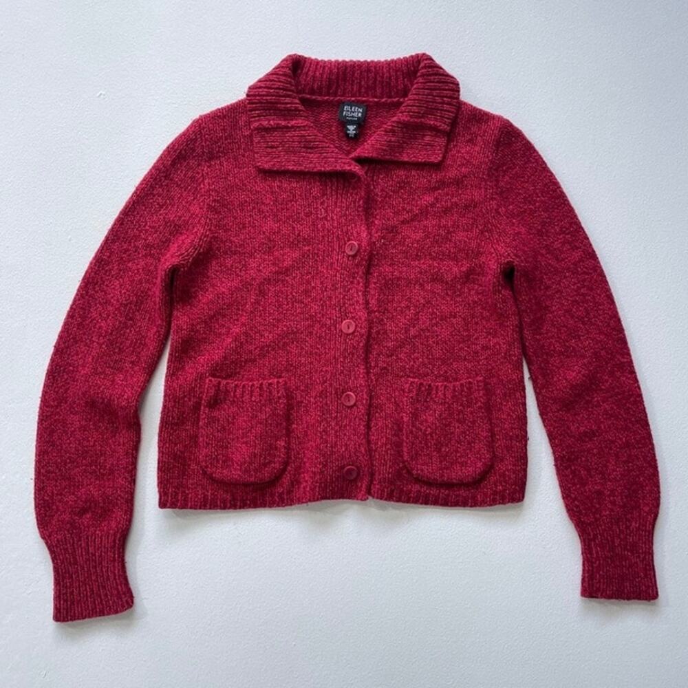 Eileen Fisher Red Wool Knit Cardigan Sweater Sz PS Collared Petite Minimal